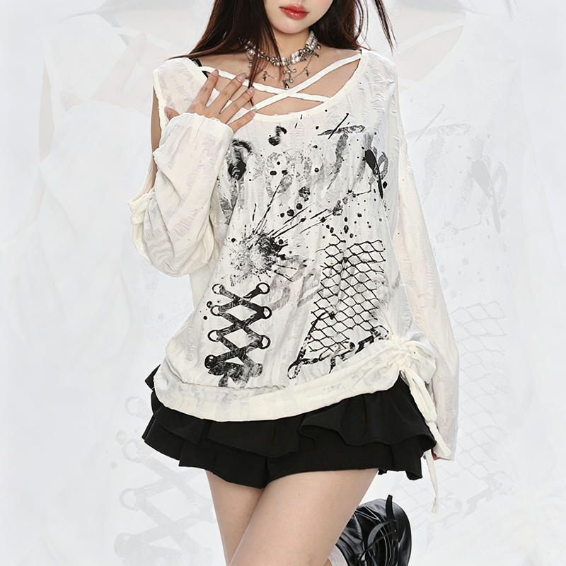 Y2K  Distressed Graffiti Cutout Off Shoulder Long Sleeve T-Shirt - image 1