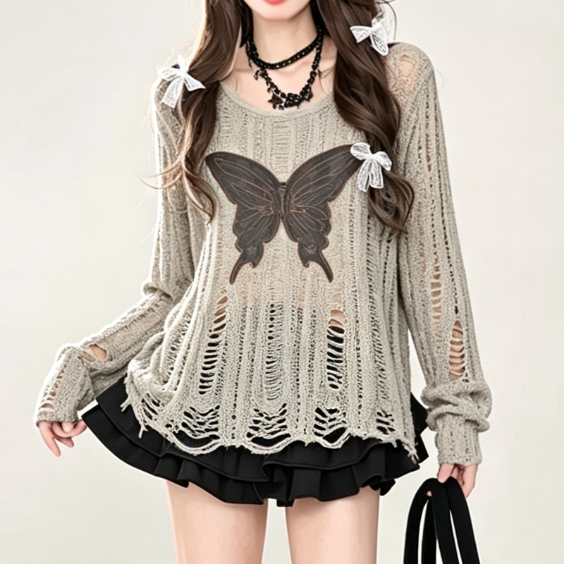 Distressed Hollow Butterfly Embroidery Long Sleeve Knit T-Shirts - image 1