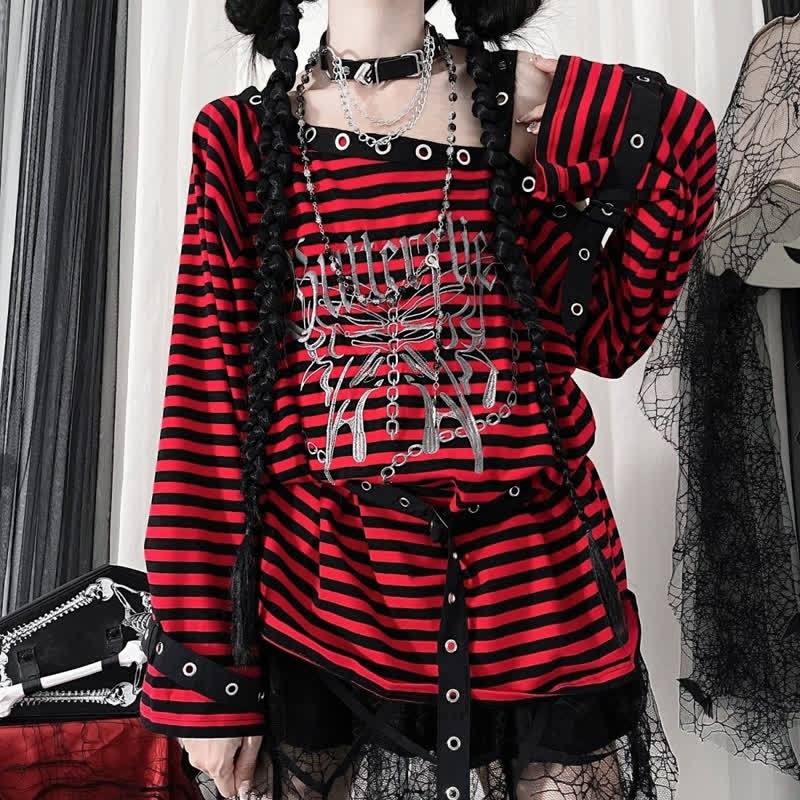 Gothic Stripe Off Shoulder Long Sleeve T-shirts With Leg Warmer - Red Top - One Size - image 1