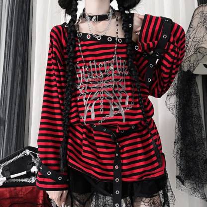 Gothic Stripe Off Shoulder Long Sleeve T-shirts With Leg Warmer - Red Top - One Size - image 1