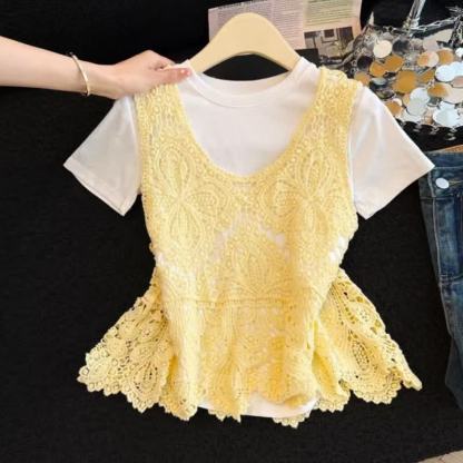 Elegant Hollow Floral Lace Vest Solid T-Shirt Loose Pants Three Pieces Set - T-Shirt+Yellow Vest - L - image 4