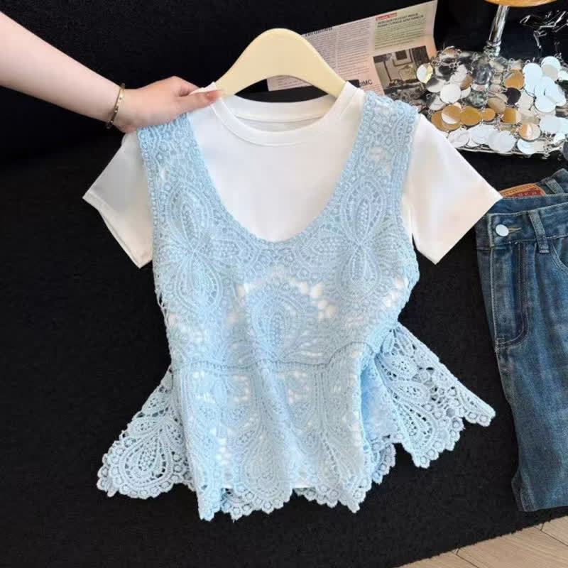 Elegant Hollow Floral Lace Vest Solid T-Shirt Loose Pants Three Pieces Set - T-Shirt+Blue Vest - L - image 3