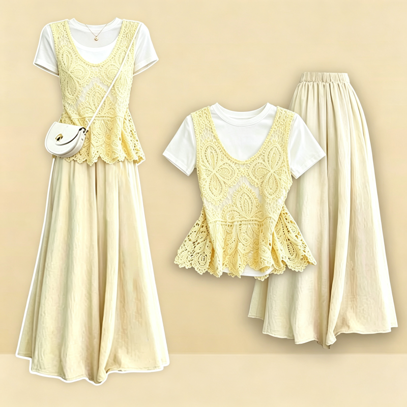 Elegant Hollow Floral Lace Vest Solid T-Shirt Loose Pants Three Pieces Set - Yellow Set - L - image 2
