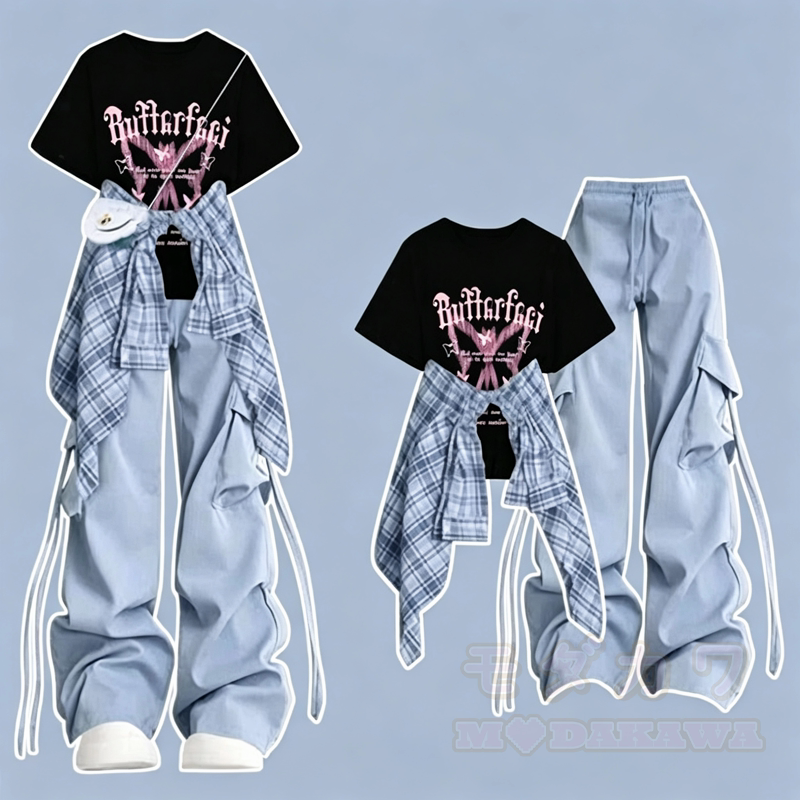  Casual Butterfly Print Tee Plaid Shirt Cargo Wide Leg Pants Three Pieces Set - Black T-Shirt+Blue Pants+Blue Shirt - 3XL - image 4