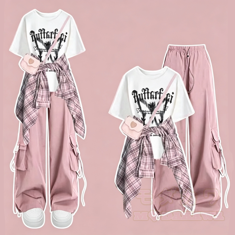  Casual Butterfly Print Tee Plaid Shirt Cargo Wide Leg Pants Three Pieces Set - White T-Shirt+Pink Pants+Pink Shirt - 3XL - image 3