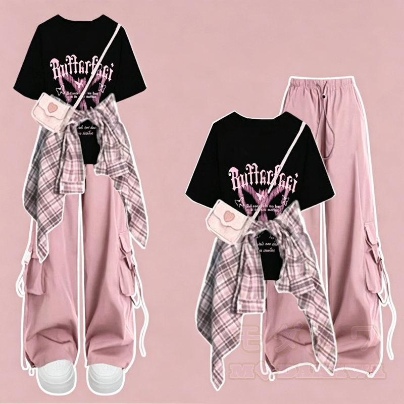  Casual Butterfly Print Tee Plaid Shirt Cargo Wide Leg Pants Three Pieces Set - Black T-Shirt+Pink Pants+Pink Shirt - 3XL - image 1
