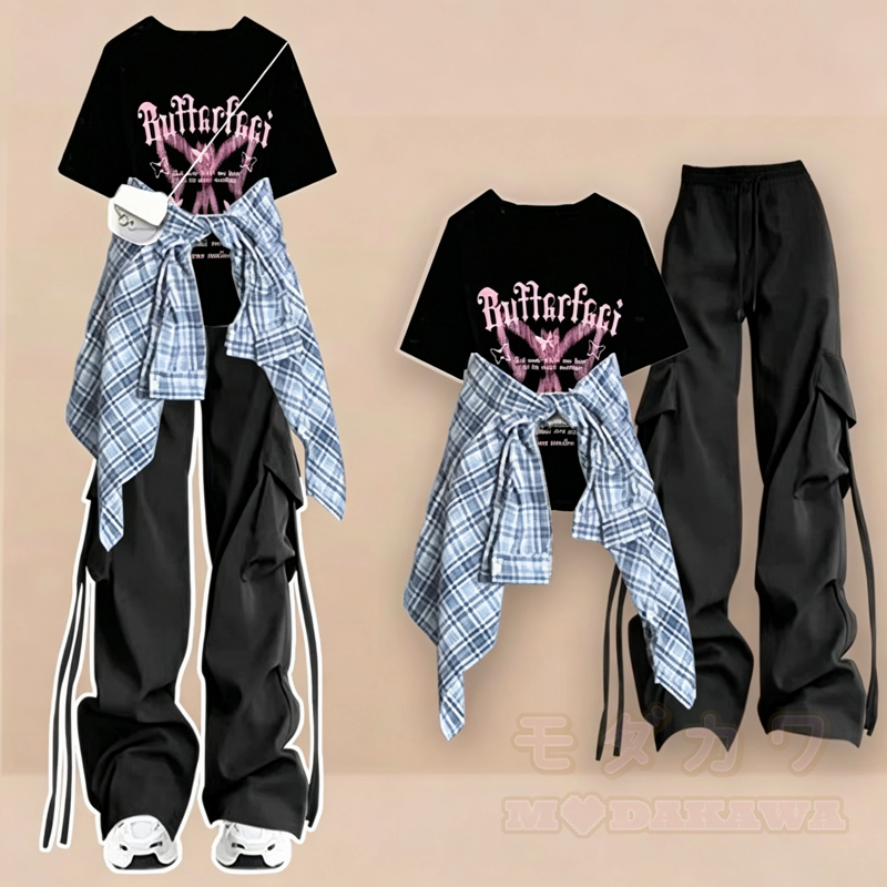  Casual Butterfly Print Tee Plaid Shirt Cargo Wide Leg Pants Three Pieces Set - Black T-Shirt+Black Pants+Blue Shirt - 3XL - image 8