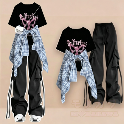  Casual Butterfly Print Tee Plaid Shirt Cargo Wide Leg Pants Three Pieces Set - Black T-Shirt+Black Pants+Blue Shirt - 3XL - image 8
