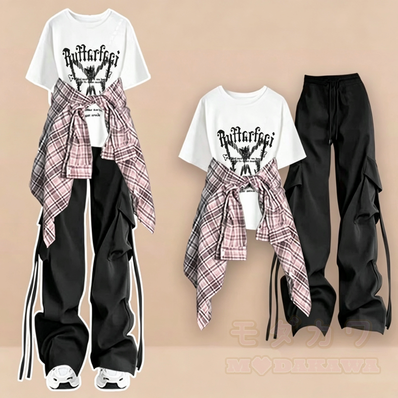  Casual Butterfly Print Tee Plaid Shirt Cargo Wide Leg Pants Three Pieces Set - White T-Shirt+Black Pants+Pink Shirt - 3XL - image 7