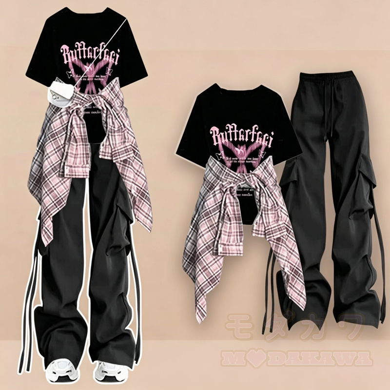  Casual Butterfly Print Tee Plaid Shirt Cargo Wide Leg Pants Three Pieces Set - Black T-Shirt+Black Pants+Pink Shirt - 3XL - image 6