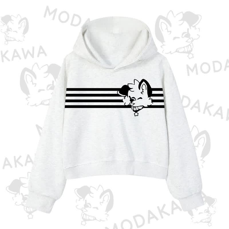 Modakawa Dog Graphic Stripe Cropped Cotton Hoodie - Light Gray - 3XL - image 1