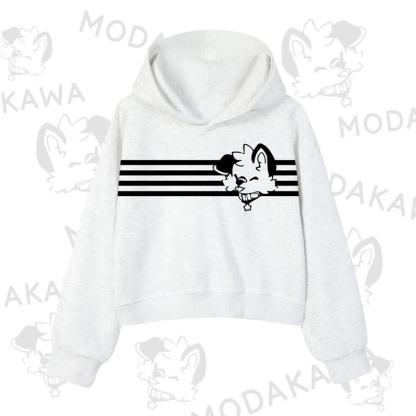 Modakawa Dog Graphic Stripe Cropped Cotton Hoodie - Light Gray - 3XL - image 1