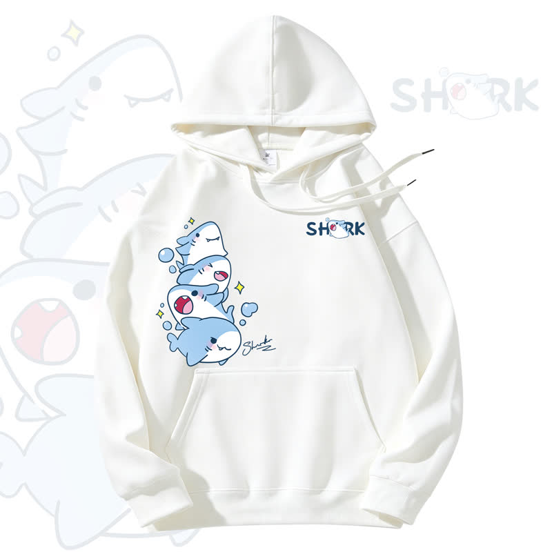 MODAKAWA Cute Shark Graphic Fleece Lined Hoodie - White - 3XL - image 1