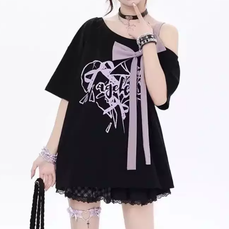 Sweet Cool Off Shoulder Bow Short Sleeve Oversized T-shirt - Black - 3XL - image 2