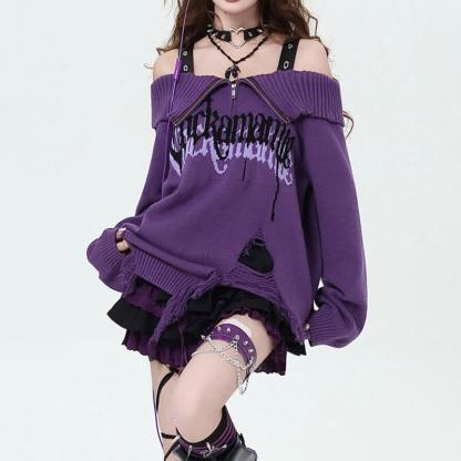 Punk Off Shoulder Distressed Ripped Long Sleeve Knit Sweater - Purple - One Size - image 2