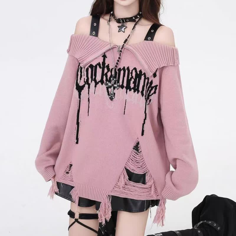 Punk Off Shoulder Distressed Ripped Long Sleeve Knit Sweater - Pink - One Size - image 5