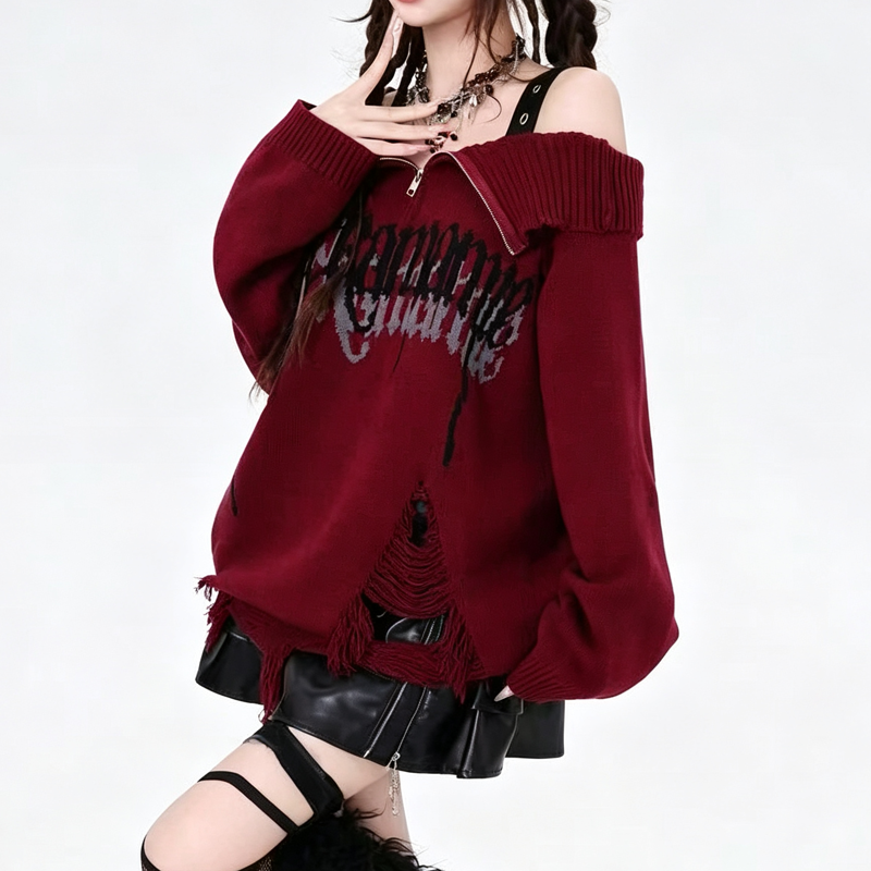 Punk Off Shoulder Distressed Ripped Long Sleeve Knit Sweater - Red - One Size - image 4