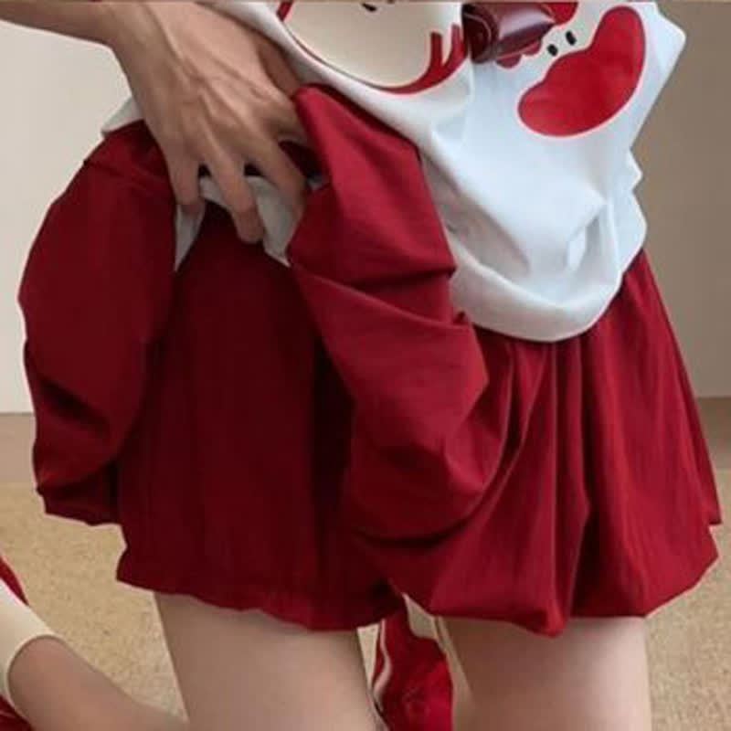 Cute Cat Print Short Sleeve T-Shirt Bubble Skirt Two Pieces Set - Red Skirt - 3XL - image 5