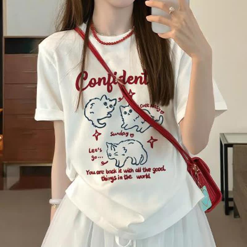 Cute Cat Print Short Sleeve T-Shirt Bubble Skirt Two Pieces Set - image 3