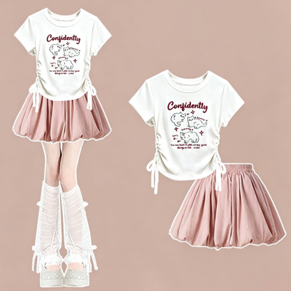 Cute Cat Print Short Sleeve T-Shirt Bubble Skirt Two Pieces Set - Pink Set - 3XL - image 2
