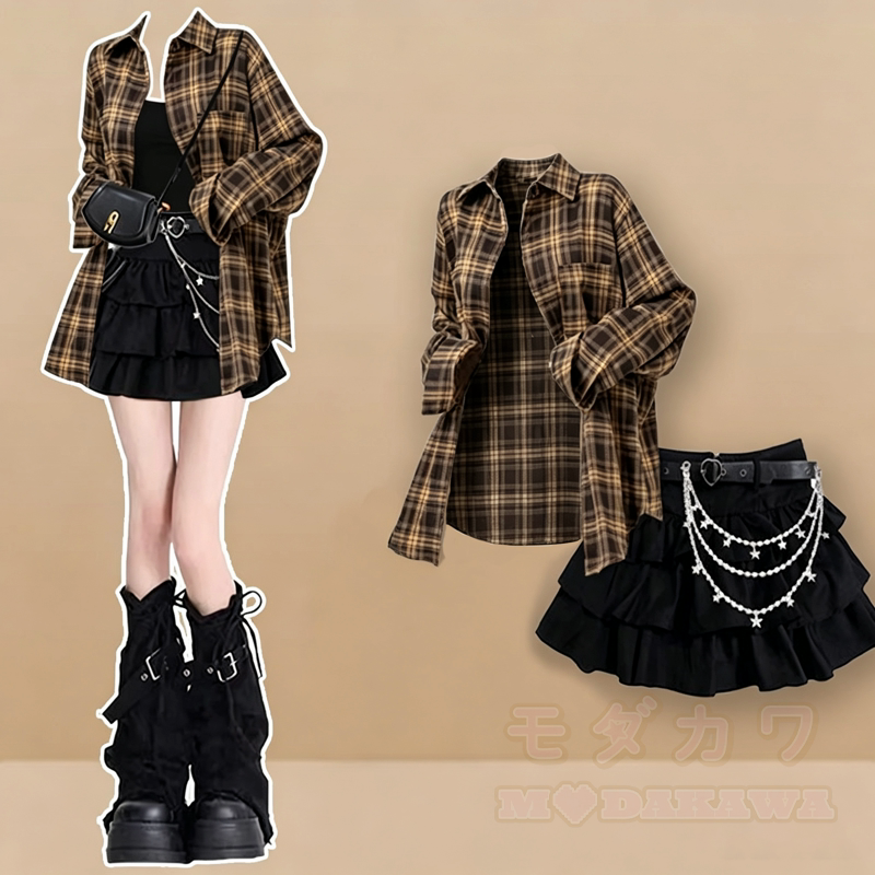Vintage Plaid Long Sleeve Shirt Sweet Ruffle Tiered Skirt Two Pieces Set - Black Set - 3XL - image 3