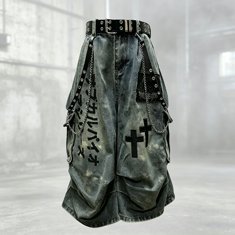 Vintage Distressed Goth Patch Denim Pants - Pants(Excluding waist belt and waist chain) - XL - image 1