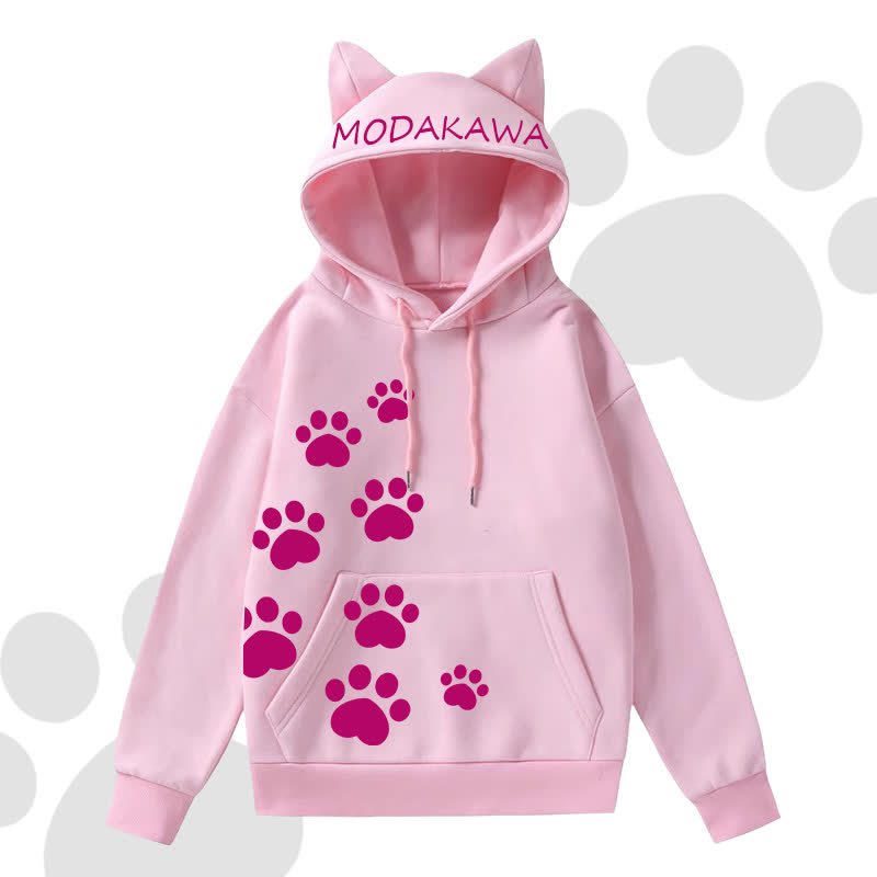 MODAKAWA Cat Paw Print Hoodie Striped Star Layered Skirt Two Pieces Set - Pink Top B - 2XL - image 3