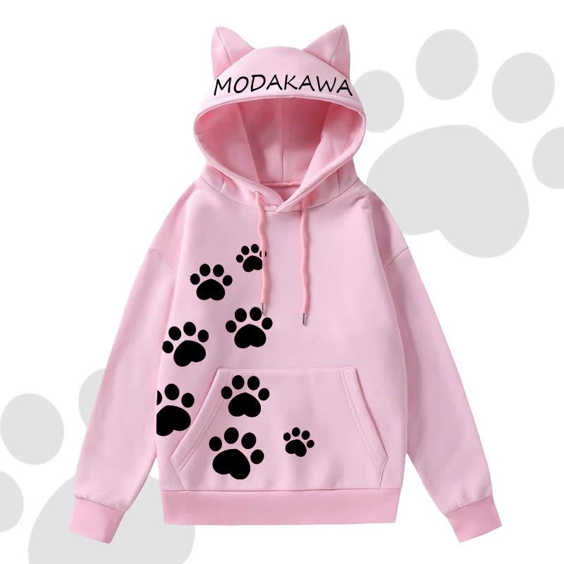 MODAKAWA Cat Paw Print Hoodie Striped Star Layered Skirt Two Pieces Set - Pink Top A - 2XL - image 2