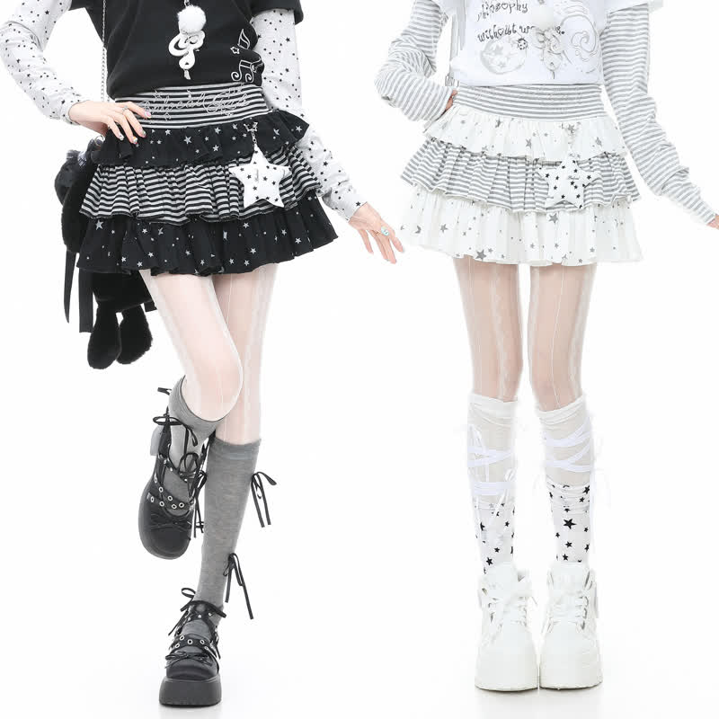 MODAKAWA Cat Paw Print Hoodie Striped Star Layered Skirt Two Pieces Set - image 11