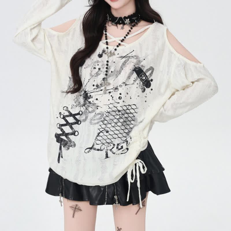 Y2K  Distressed Graffiti Cutout Off Shoulder Long Sleeve T-Shirt - White - XL - image 3