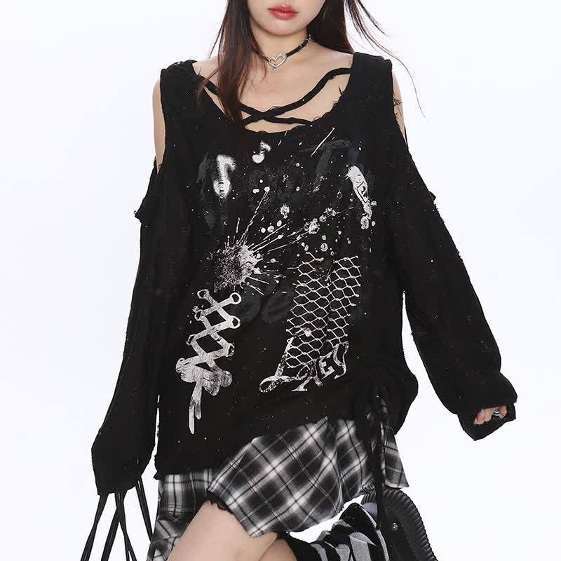 Y2K  Distressed Graffiti Cutout Off Shoulder Long Sleeve T-Shirt - Black - XL - image 2