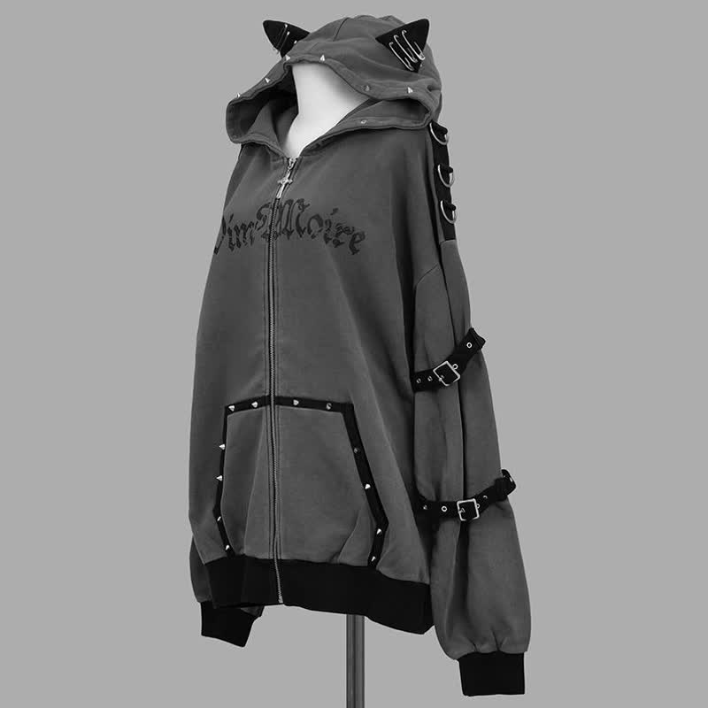 Gothic Y2K Cat Ear Zip Up Oversized Hoodie Coat - image 3