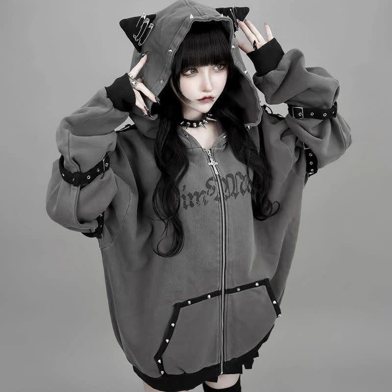 Gothic Y2K Cat Ear Zip Up Oversized Hoodie Coat - image 2