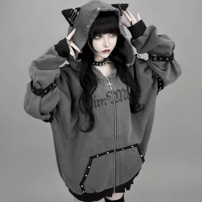 Gothic Y2K Cat Ear Zip Up Oversized Hoodie Coat - image 2