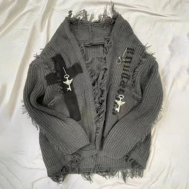 Dark Fashion Punk Vintage Distressed Fringe Long Sleeve Knit Sweater - Sweater - One Size - image 2