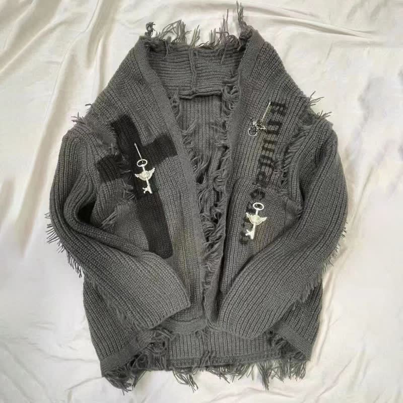 Dark Fashion Punk Vintage Distressed Fringe Long Sleeve Knit Sweater - Sweater - One Size - image 2