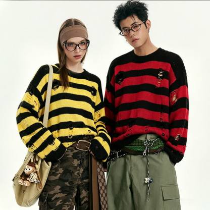  Casual Vintage Ripped Striped Loose Crew Neck Long Sleeve Knit Sweater - image 1