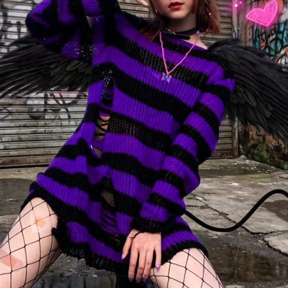 Oversized Striped Hollow Out Ripped Long Sleeve Knit Sweater - image 1
