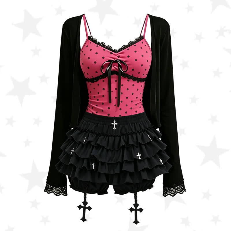 Gothic Polka Dot Cami Top Lace Cardigan Cross Print Skirt Three Pieces Set - Set - 2XL - image 1