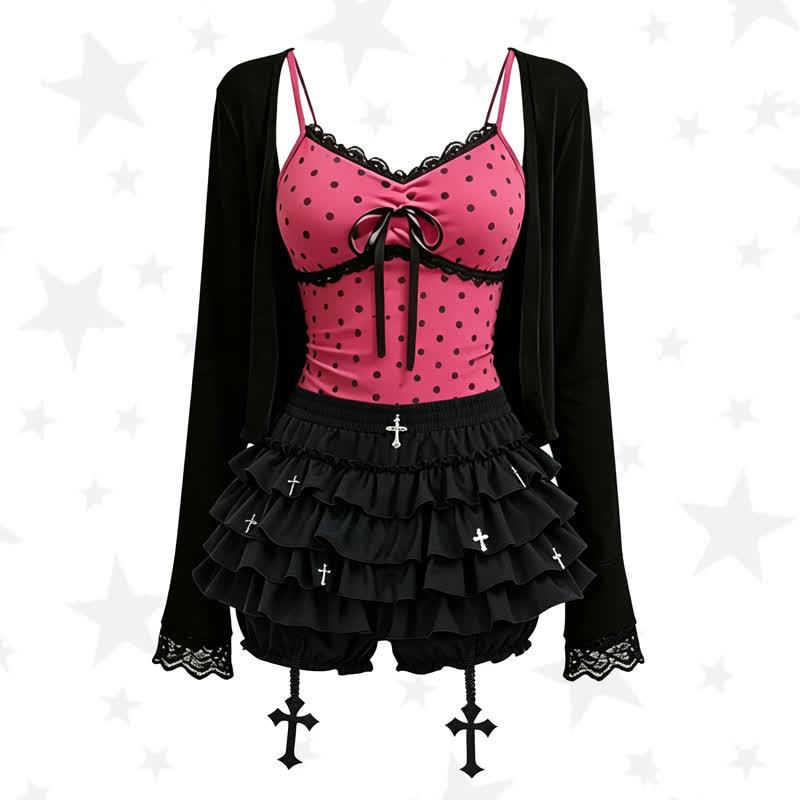 Gothic Polka Dot Cami Top Lace Cardigan Cross Print Skirt Three Pieces Set - Set - 2XL - image 1