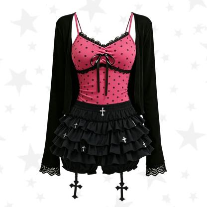 Gothic Polka Dot Cami Top Lace Cardigan Cross Print Skirt Three Pieces Set - Set - 2XL - image 1