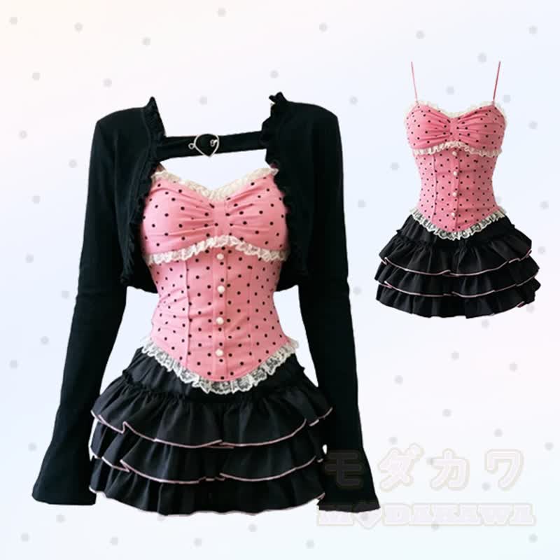 Y2K Sweet Polka Dot Cami Top Cropped Cardigan Ruffle Skirt Three Pieces Set - image 1