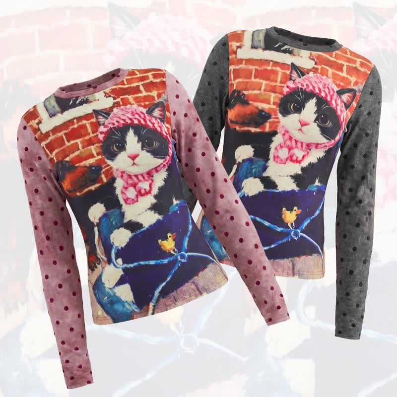 Y2K American Style Vintage Cat Print Polka Dot Long Sleeve T-shirt - image 1