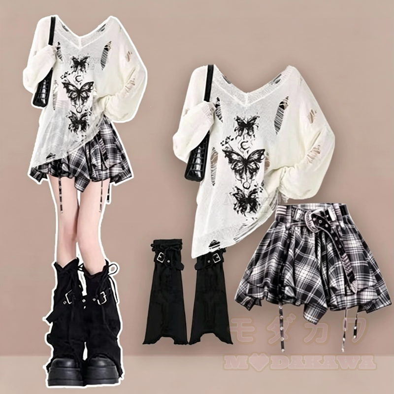 Y2K Gothic Butterfly Print Long Sleeve Top Plaid Irregular Skirt Leg Warmers - image 1