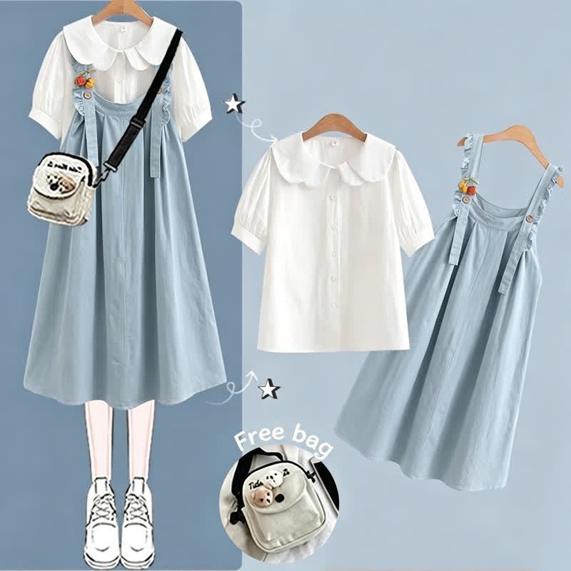 College Style Short Sleeve Shirt Strap Dress Two Pieces Set  - Blue Set A - XL - image 2