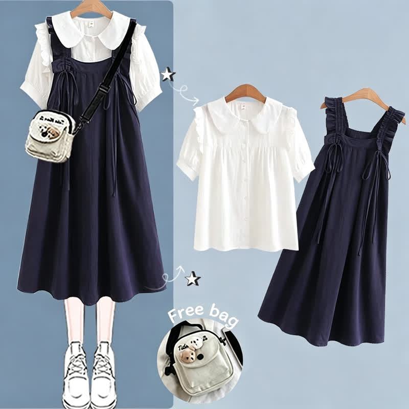 College Style Short Sleeve Shirt Strap Dress Two Pieces Set  - Navy Blue Set - XL - image 1