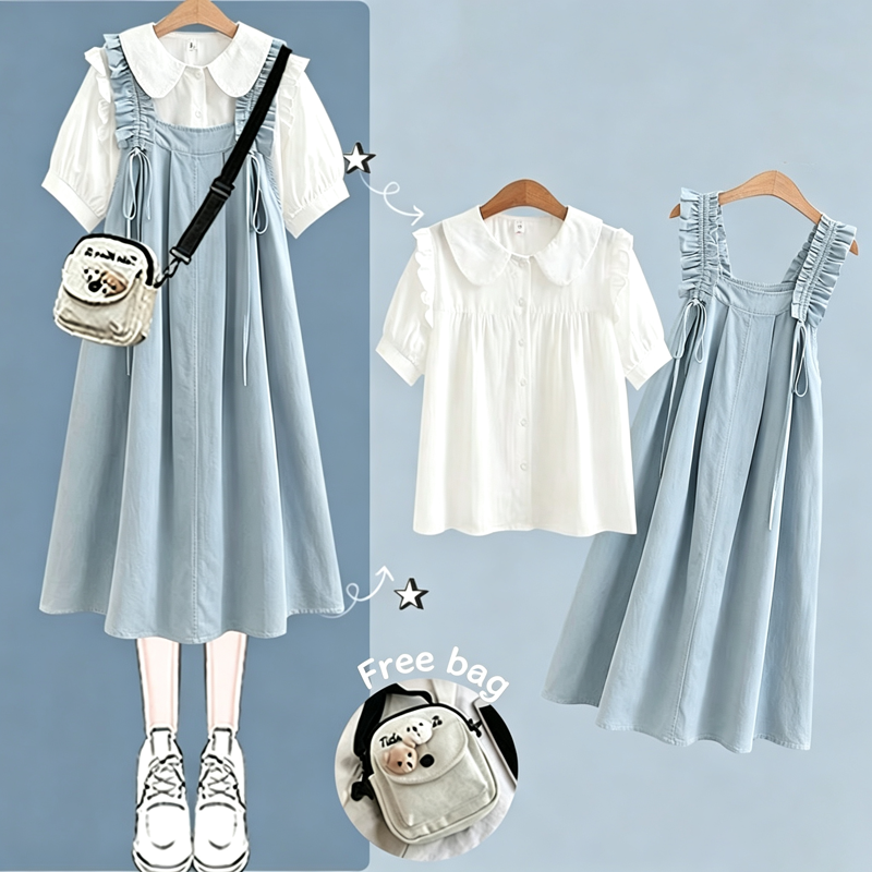 College Style Short Sleeve Shirt Strap Dress Two Pieces Set  - Blue Set B - XL - image 3