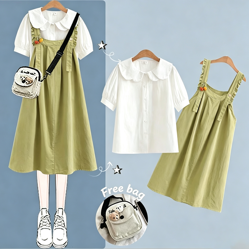 College Style Short Sleeve Shirt Strap Dress Two Pieces Set  - Green Set - XL - image 8
