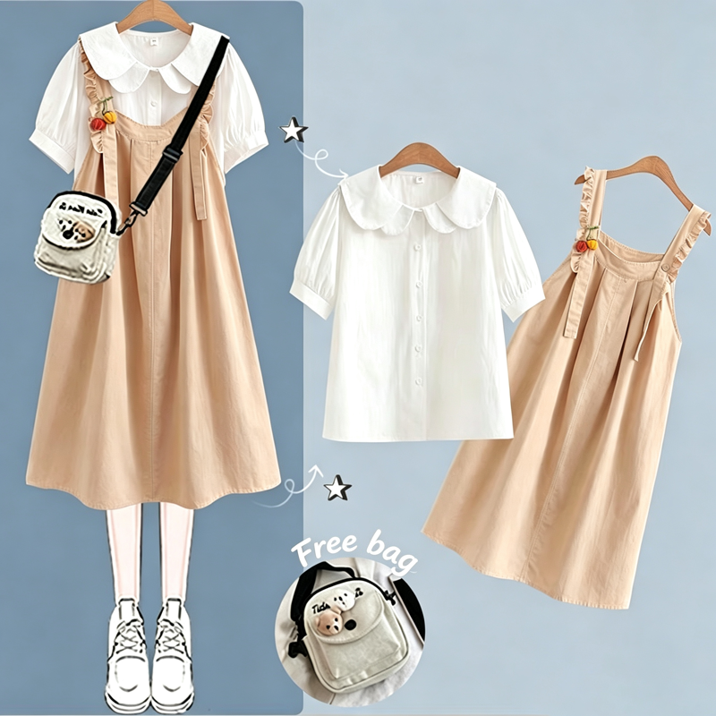 College Style Short Sleeve Shirt Strap Dress Two Pieces Set  - Khaki Set A - XL - image 6
