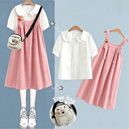 College Style Short Sleeve Shirt Strap Dress Two Pieces Set  - Pink Set A - XL - image 4